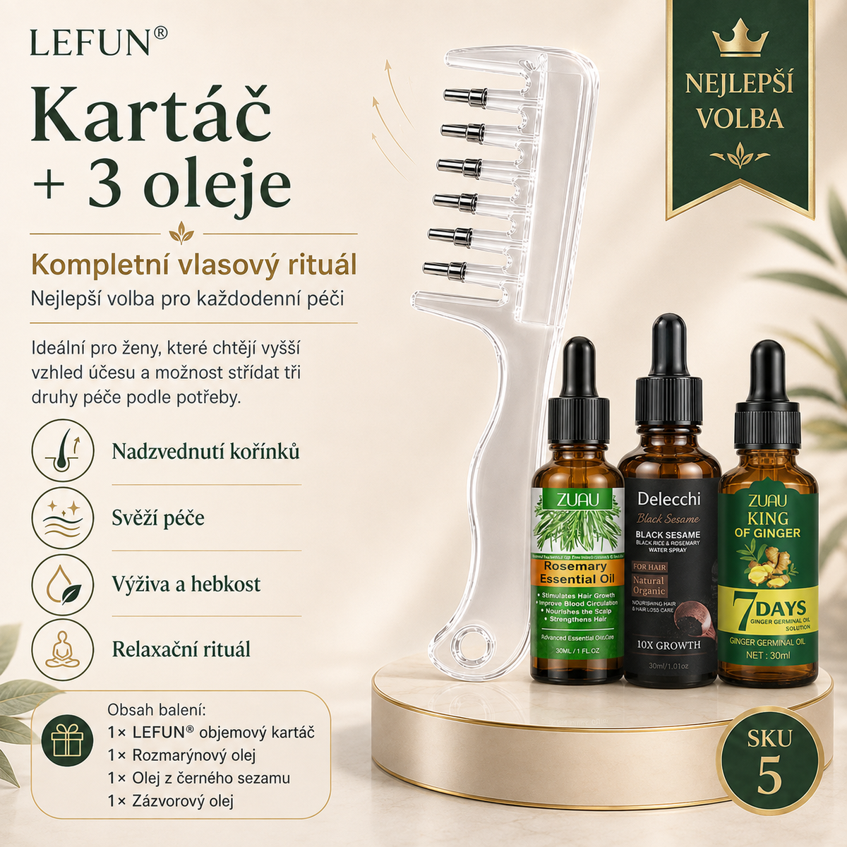 LEFUN®🍈 Luxusní objemový kartáč na vlasy 👑 – Přirozený vysoký objem u kořínků během pár minut a jemná péče s 3 druhy bylinných olejů | Pro hladší, lesklejší a upravenější vzhled vlasů ✨