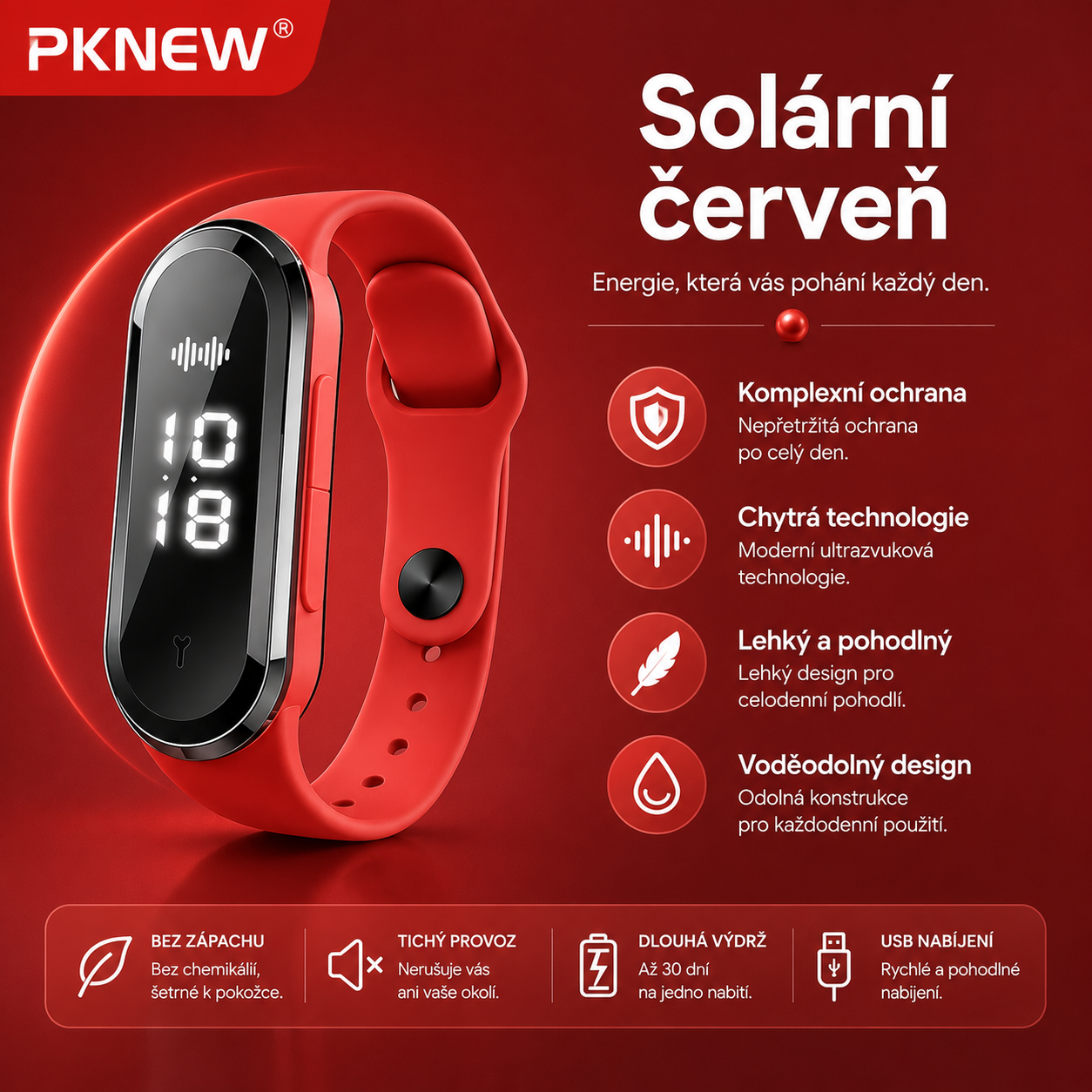 PKNEW® Chytrý ultrazvukový náramek proti komárům🍇 – 3 inteligentní režimy, digitální displej a výdrž až 7 dní na jedno nabití ⚡ Pro zahradu, cestování, kempování i pohodové letní večery 🌿