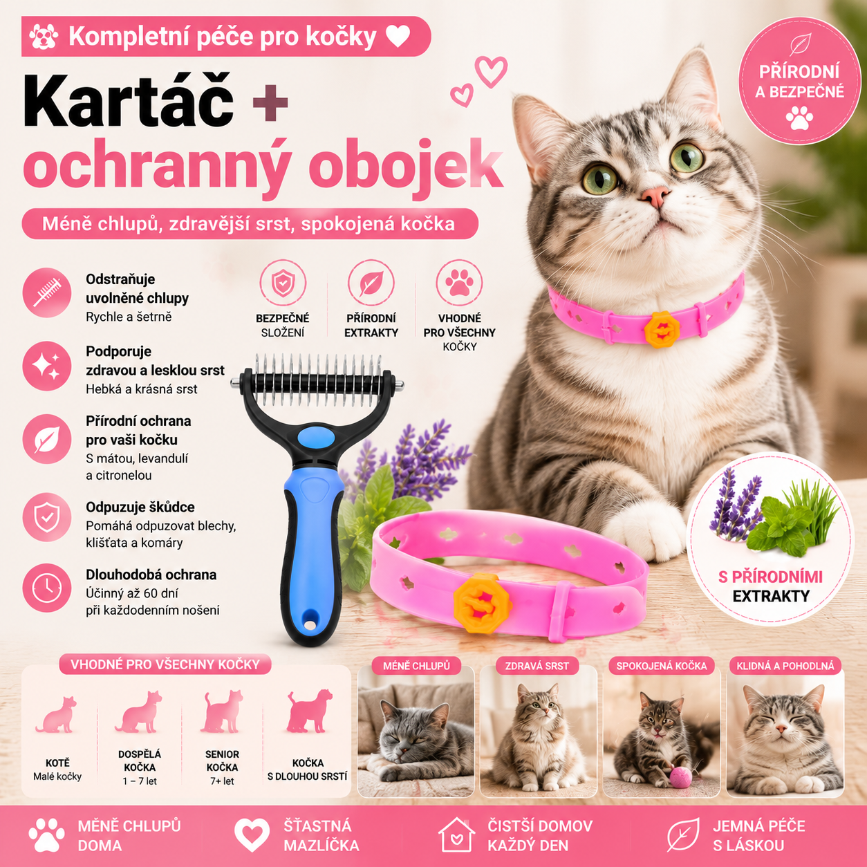 PKNEW®🐾 Kompletní péče pro vašeho mazlíčka 🍇2v1❤️ kartáč proti línání + nastavitelný obojek pro psy a kočky