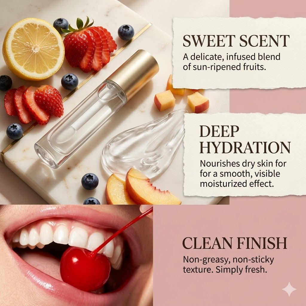 Natural Fruit Flavored Lip Glow Oil | Non-Sticky Roll-On Lip Glaze & Nourishing Base Balm Set for Plump Lips
