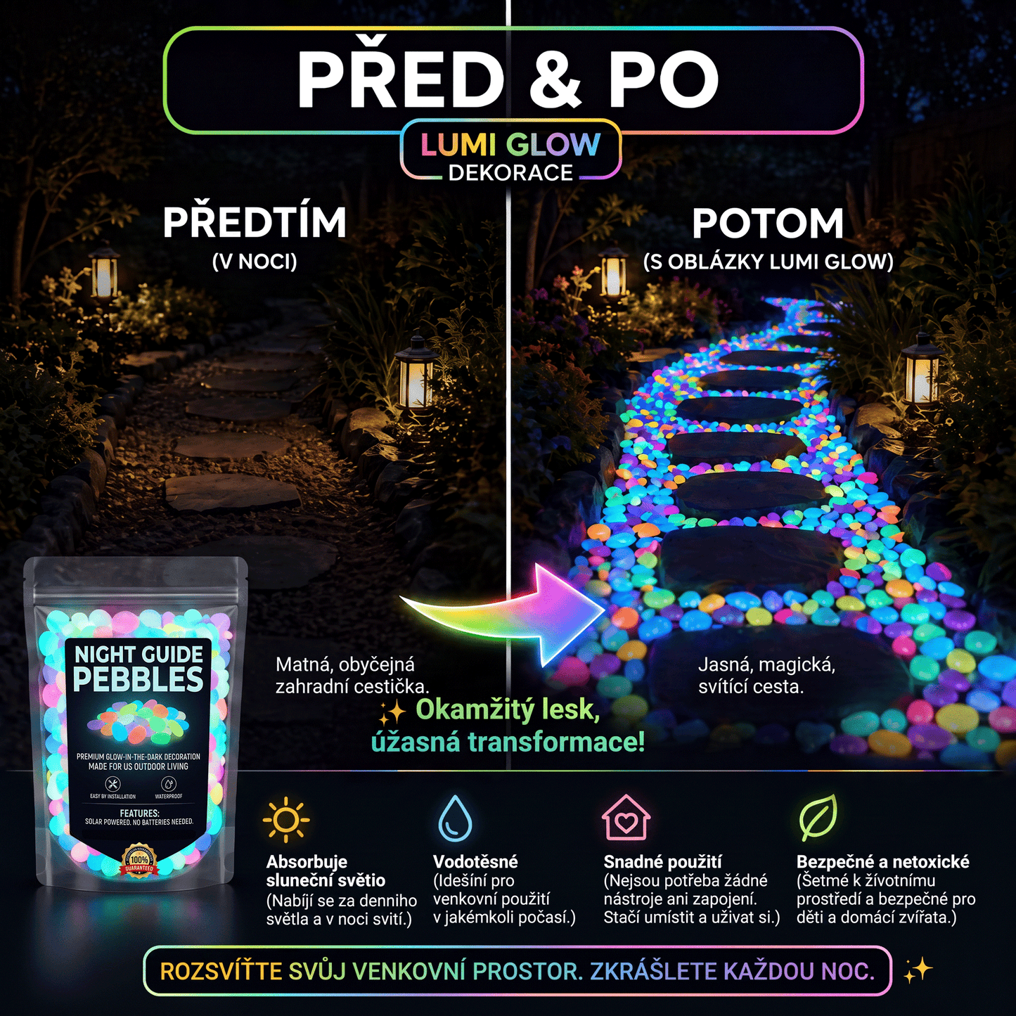PKNEW® 🍇 Svítící zahradní kamínky nabíjené světlem ✨ – barevná noční záře bez kabelů a baterií, voděodolná dekorace pro cestičky, květináče, záhony, terasu i okolí bazénu