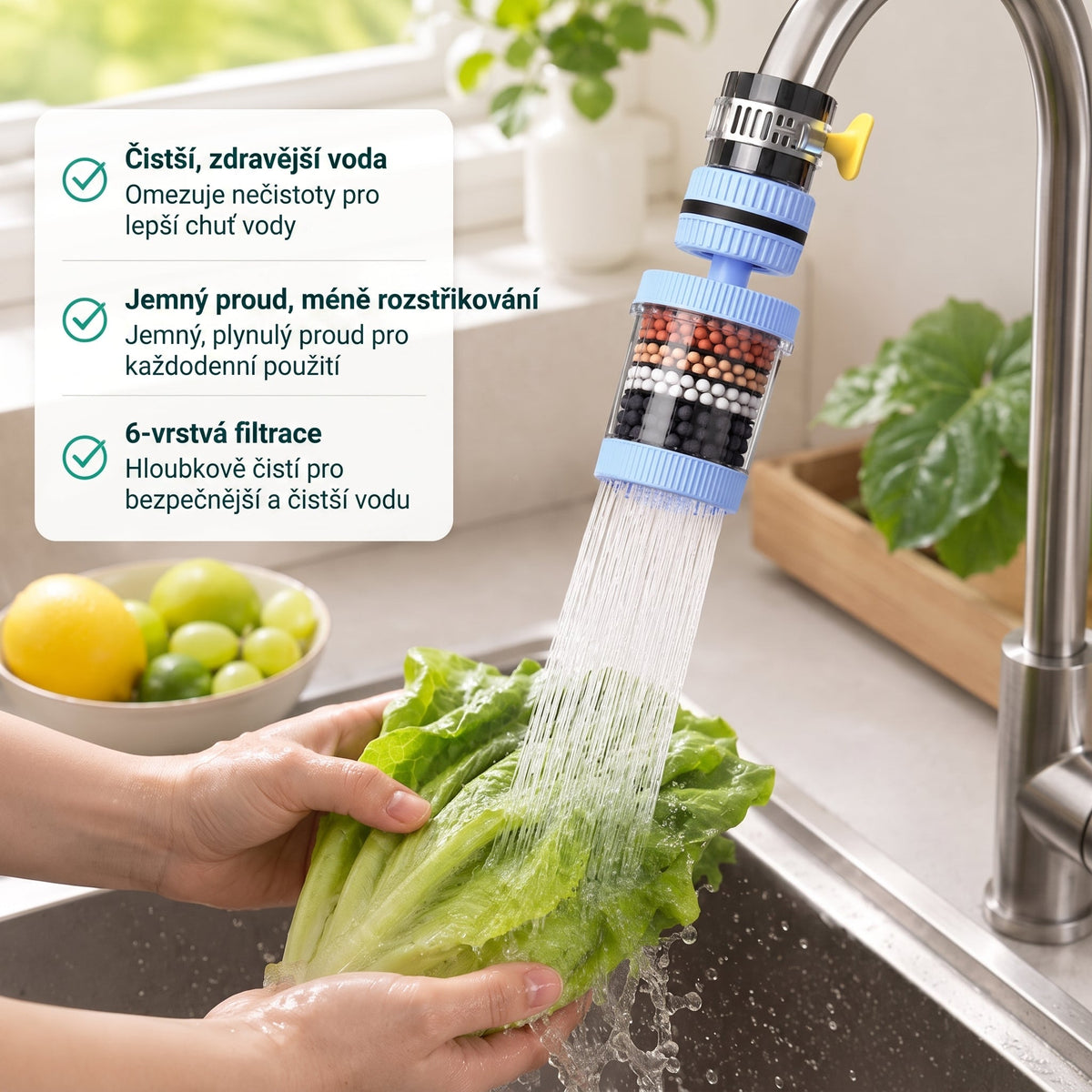 🌈🌈PKNEW®💧 6vrstvý filtrační vodní filtr na kohoutek 360 stupňů otočný, proti stříkající vodě, pro kuchyňský dřez k mytí ovoce, zeleniny a nádobí 🚿