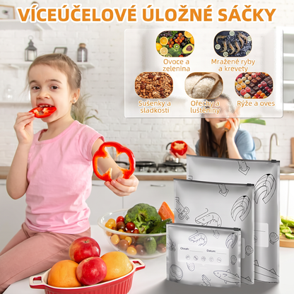 PKNEW® 🥬 Chytré omyvatelné sáčky na potraviny ve 3 velikostech 🍇– pevný zip, snadné označení a přehledné skladování v lednici, mrazáku i spíži ♻️