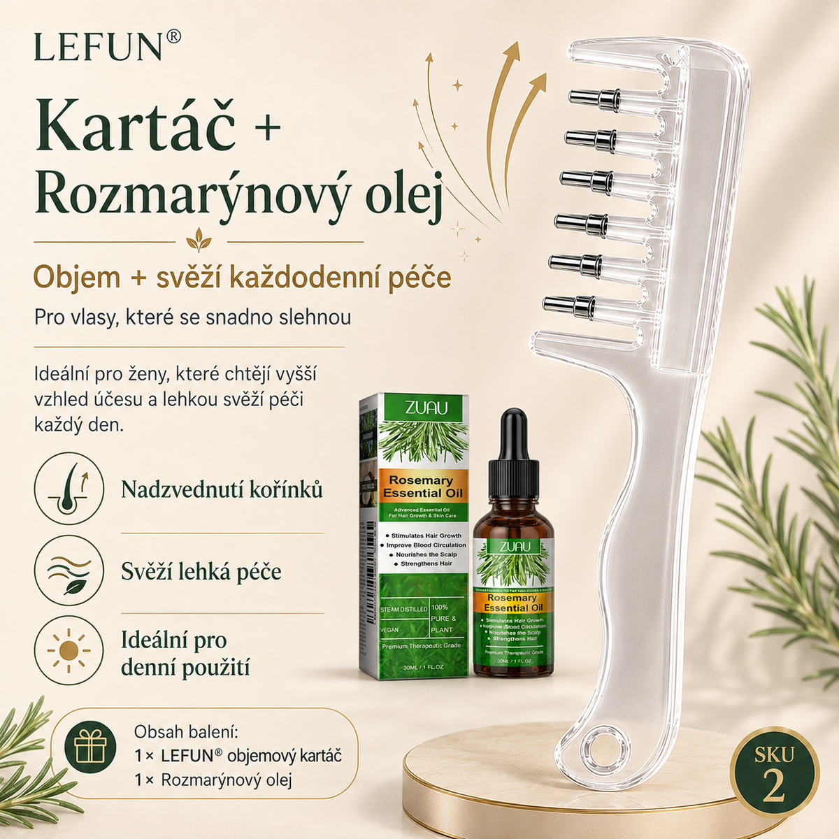 LEFUN®🍈 Luxusní objemový kartáč na vlasy 👑 – Přirozený vysoký objem u kořínků během pár minut a jemná péče s 3 druhy bylinných olejů | Pro hladší, lesklejší a upravenější vzhled vlasů ✨