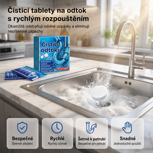 PKNEW®🫧 Šumivé tablety na čištění odtoků 🍇 – Pomáhají rozpouštět vlasy, mastnotu, zbytky mýdla a nečistoty v kuchyni i koupelně ✨