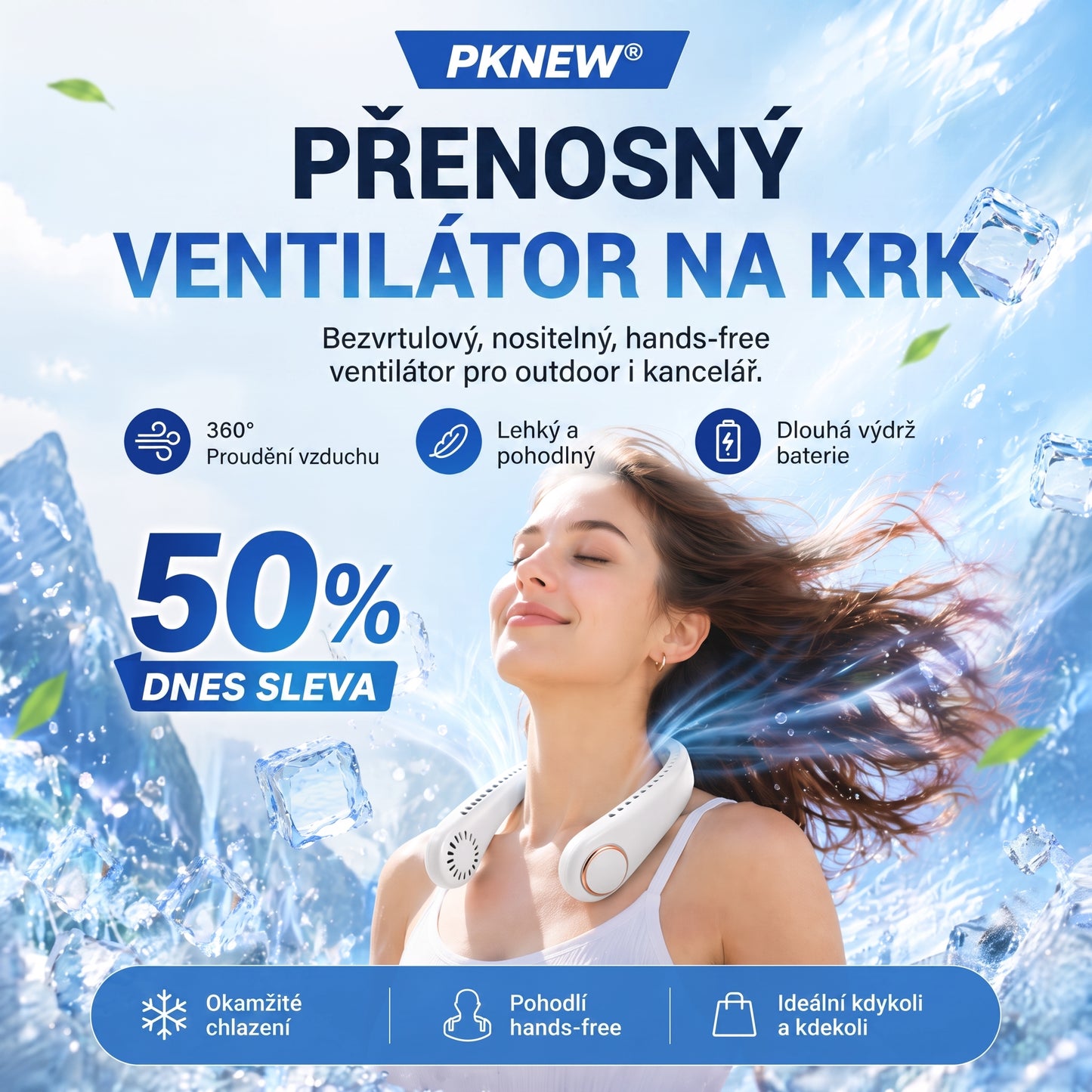 ❄️Přenosný ventilátor na krk PKNEW®🍈, bezlopatkový osobní ventilátor, hands-free chlazení pro venkovní použití i do kanceláře 💕