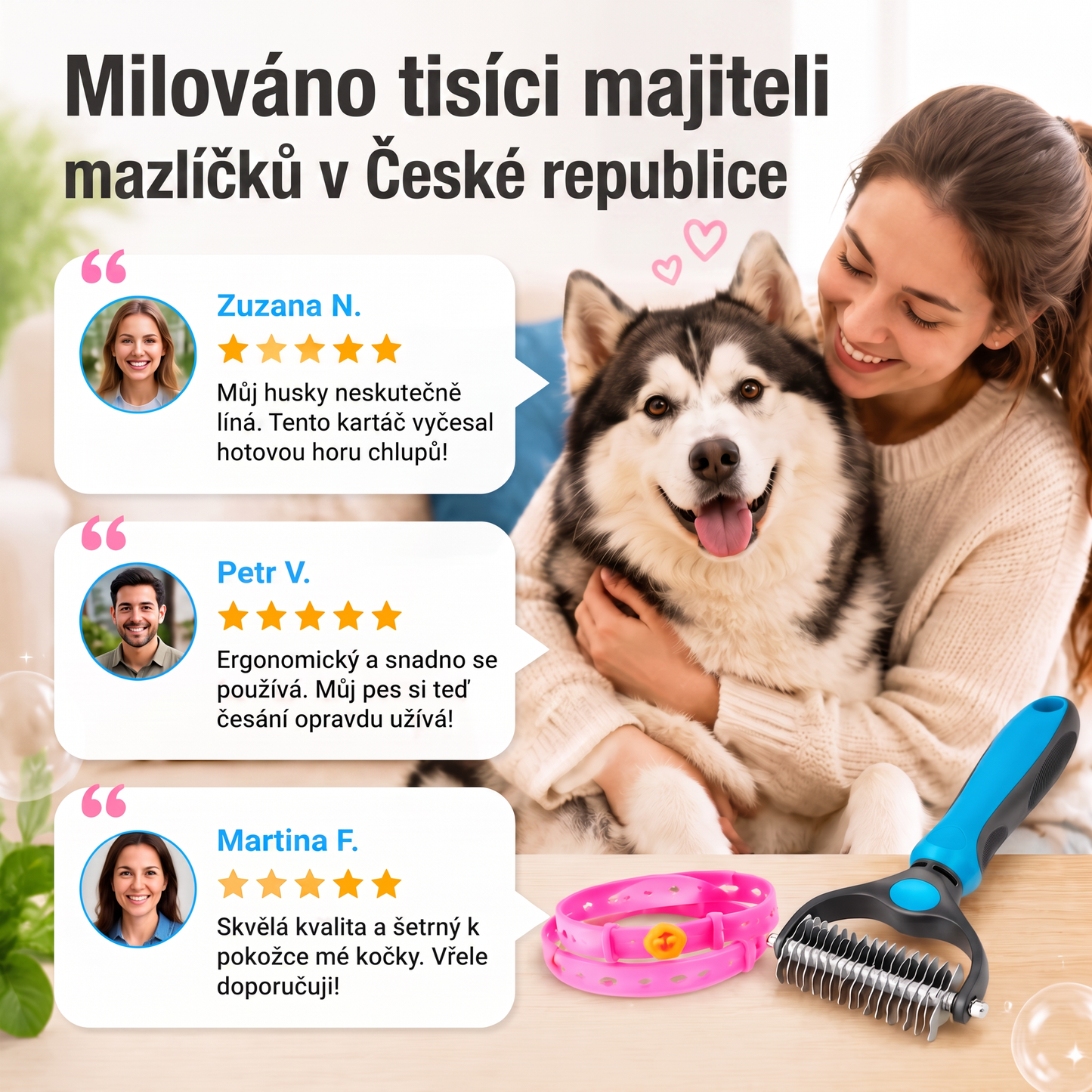 PKNEW®🐾 Kompletní péče pro vašeho mazlíčka 🍇2v1❤️ kartáč proti línání + nastavitelný obojek pro psy a kočky