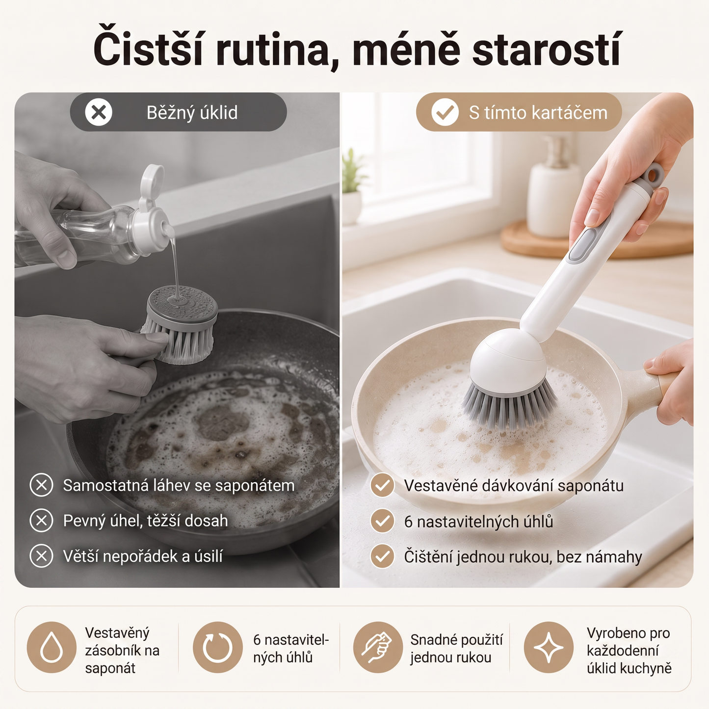 PKNEW®🍇 Chytrý kuchyňský kartáč s dávkovačem saponátu 🧽 – otočná hlavice pro snadné čištění hrnců, pánví a nádobí jednou rukou 💧