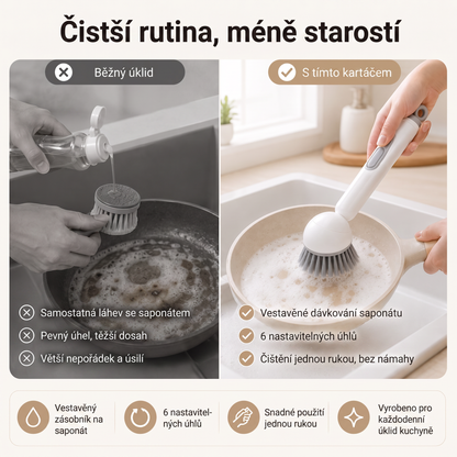 PKNEW®🍇 Chytrý kuchyňský kartáč s dávkovačem saponátu 🧽 – otočná hlavice pro snadné čištění hrnců, pánví a nádobí jednou rukou 💧