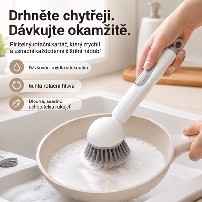 PKNEW®🍇 Chytrý kuchyňský kartáč s dávkovačem saponátu 🧽 – otočná hlavice pro snadné čištění hrnců, pánví a nádobí jednou rukou 💧