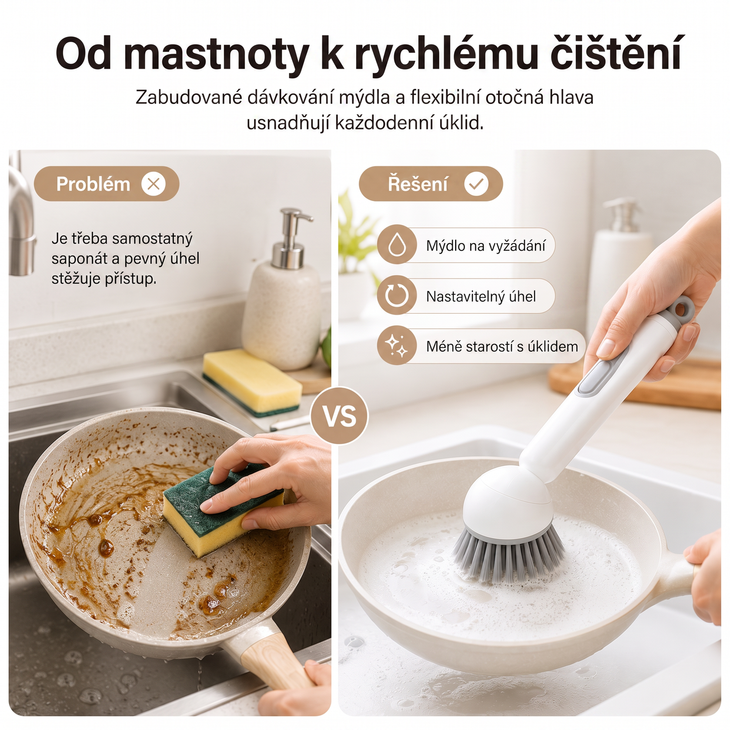 PKNEW®🍇 Chytrý kuchyňský kartáč s dávkovačem saponátu 🧽 – otočná hlavice pro snadné čištění hrnců, pánví a nádobí jednou rukou 💧
