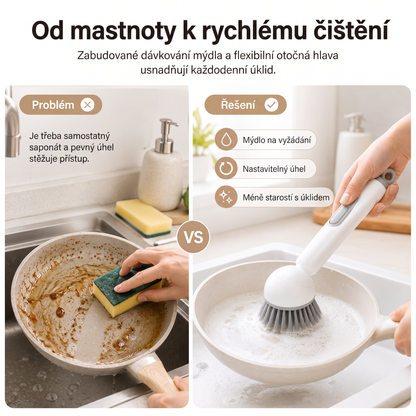 PKNEW®🍇 Chytrý kuchyňský kartáč s dávkovačem saponátu 🧽 – otočná hlavice pro snadné čištění hrnců, pánví a nádobí jednou rukou 💧