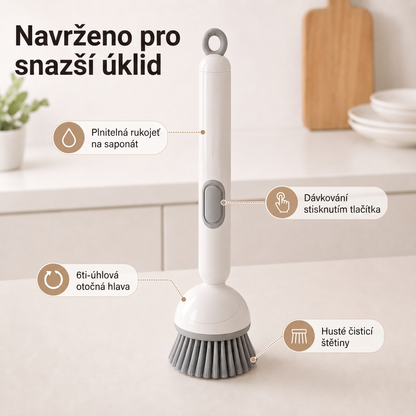 PKNEW®🍇 Chytrý kuchyňský kartáč s dávkovačem saponátu 🧽 – otočná hlavice pro snadné čištění hrnců, pánví a nádobí jednou rukou 💧