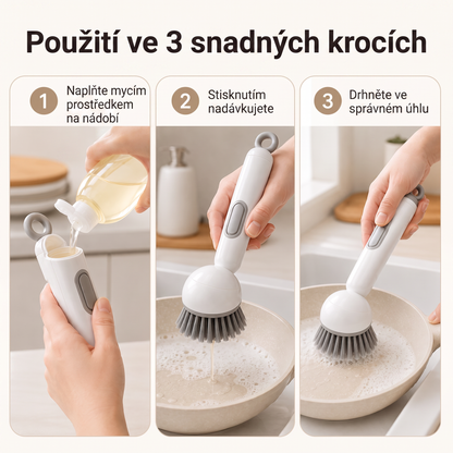 PKNEW®🍇 Chytrý kuchyňský kartáč s dávkovačem saponátu 🧽 – otočná hlavice pro snadné čištění hrnců, pánví a nádobí jednou rukou 💧