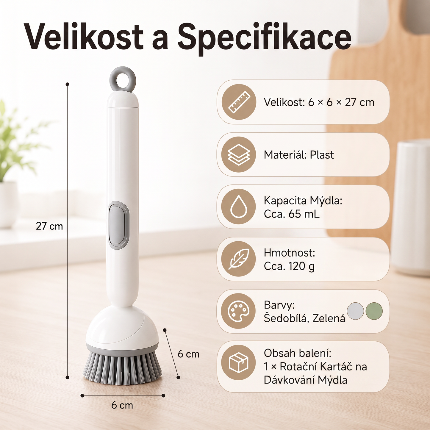 PKNEW®🍇 Chytrý kuchyňský kartáč s dávkovačem saponátu 🧽 – otočná hlavice pro snadné čištění hrnců, pánví a nádobí jednou rukou 💧