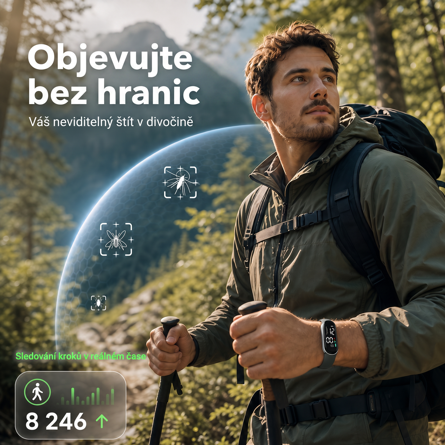 PKNEW® Chytrý ultrazvukový náramek proti komárům🍇 – 3 inteligentní režimy, digitální displej a výdrž až 7 dní na jedno nabití ⚡ Pro zahradu, cestování, kempování i pohodové letní večery 🌿