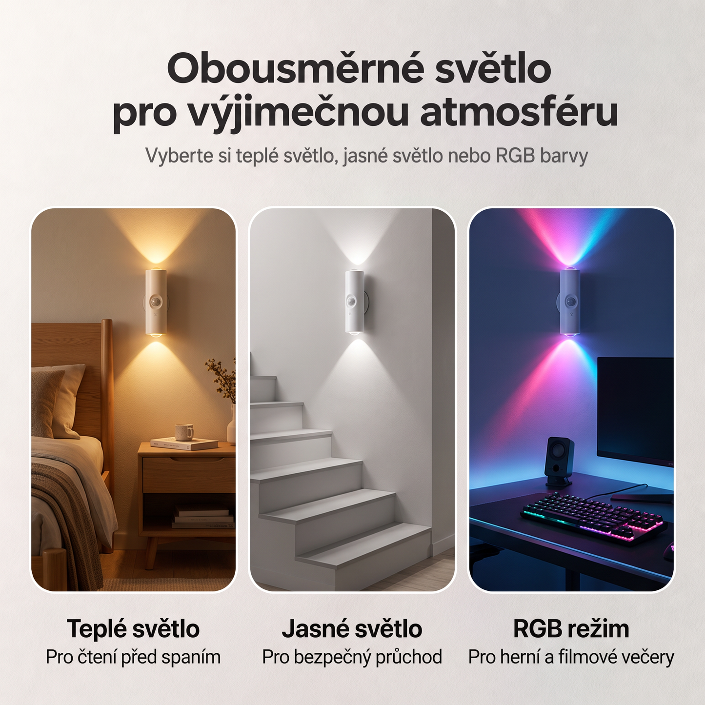 PKNEW® 🍇Chytré obousměrné RGB noční světlo se senzorem pohybu 🌈 – automatické rozsvícení, magnetická instalace bez vrtání a USB-C nabíjení pro ložnici, chodbu i schodiště ✨