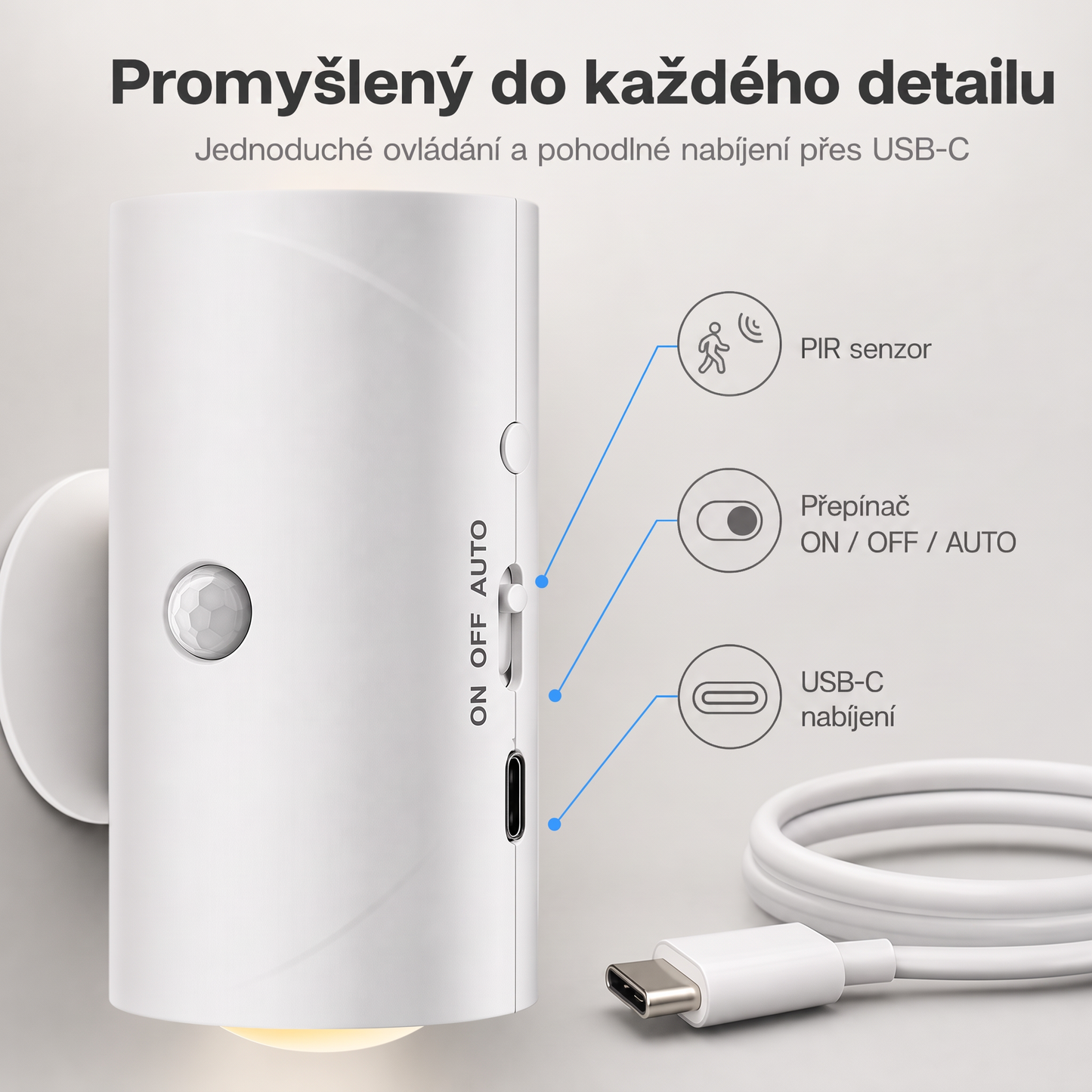 PKNEW® 🍇Chytré obousměrné RGB noční světlo se senzorem pohybu 🌈 – automatické rozsvícení, magnetická instalace bez vrtání a USB-C nabíjení pro ložnici, chodbu i schodiště ✨