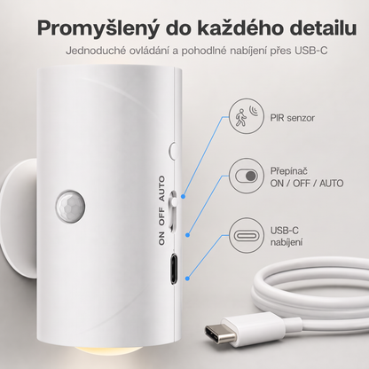 PKNEW® 🍇Chytré obousměrné RGB noční světlo se senzorem pohybu 🌈 – automatické rozsvícení, magnetická instalace bez vrtání a USB-C nabíjení pro ložnici, chodbu i schodiště ✨