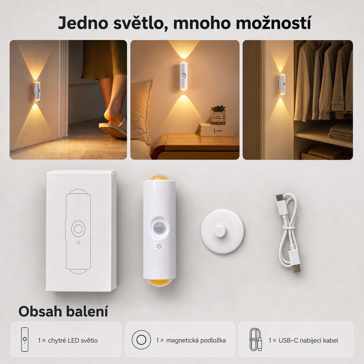 PKNEW® 🍇Chytré obousměrné RGB noční světlo se senzorem pohybu 🌈 – automatické rozsvícení, magnetická instalace bez vrtání a USB-C nabíjení pro ložnici, chodbu i schodiště ✨