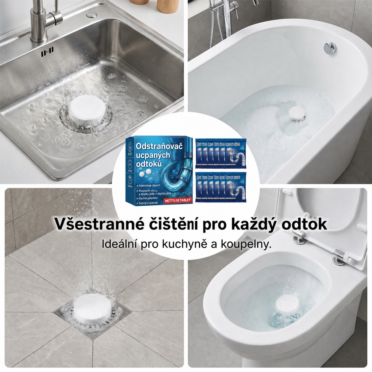 PKNEW®🫧 Šumivé tablety na čištění odtoků 🍇 – Pomáhají rozpouštět vlasy, mastnotu, zbytky mýdla a nečistoty v kuchyni i koupelně ✨