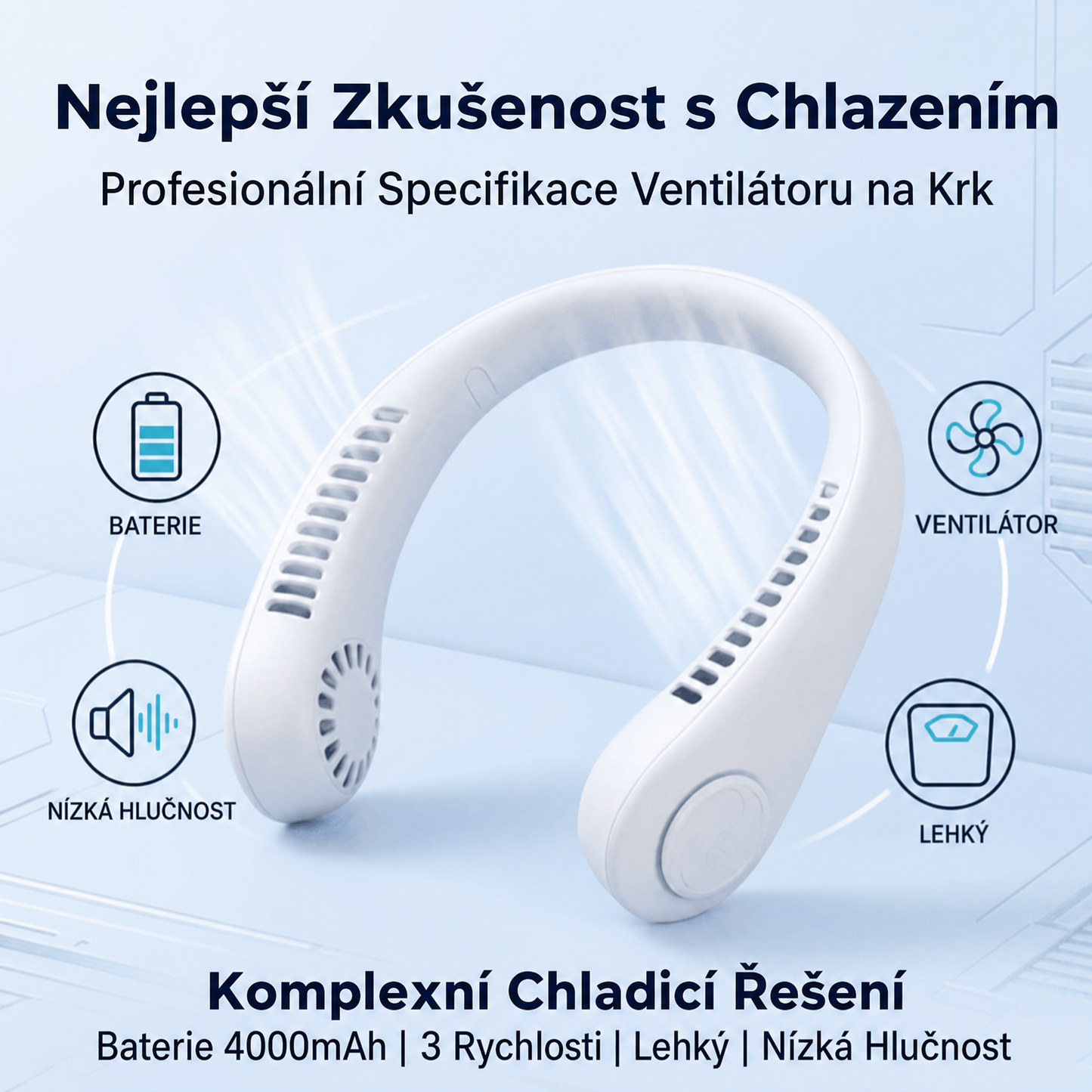 PKNEW® Přenosný větrák na krk, bezlopatkový osobní ventilátor, hands-free chlazení pro venkovní použití a do kanceláře