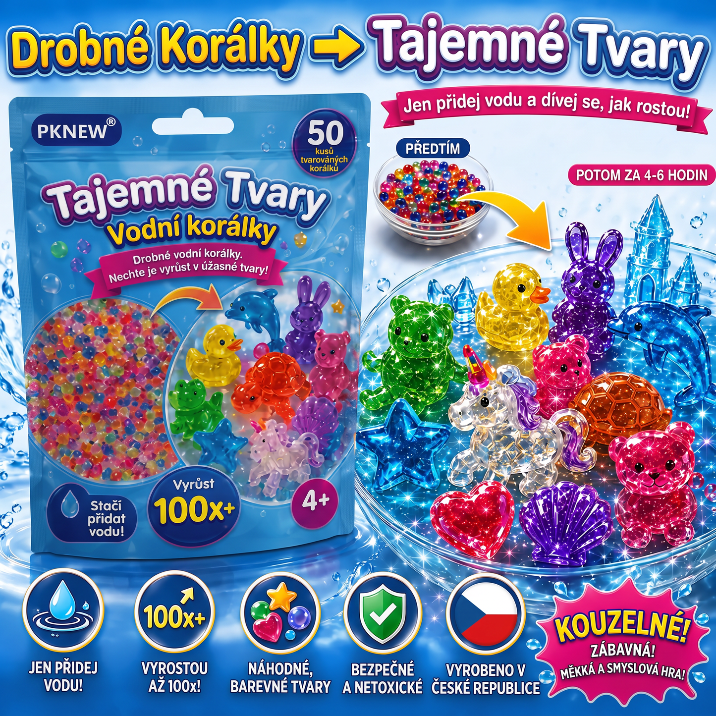 PKNEW®🫧 Kouzelné vodní korálky s překvapením🌈 – Barevné a průsvitné figurky, které rostou ve vodě, pro kreativní hraní, smyslové objevování a společné rodinné zážitky 💕