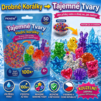 PKNEW®🫧 Kouzelné vodní korálky s překvapením🌈 – Barevné a průsvitné figurky, které rostou ve vodě, pro kreativní hraní, smyslové objevování a společné rodinné zážitky 💕