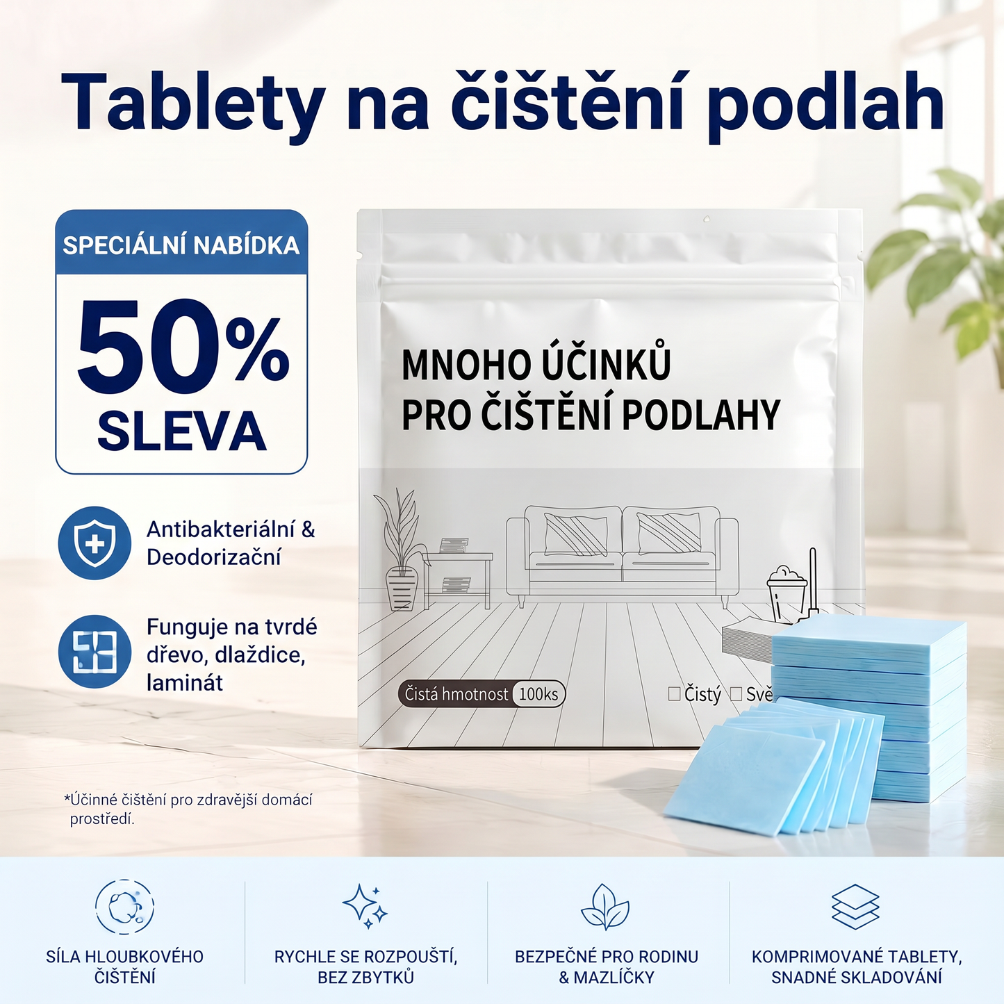 PKNEW® Čisticí tablety na podlahy – Univerzální čistič pro dřevěné, laminátové a dlaždicové povrchy i stěny obytných vozů, antibakteriální a deodorační péče👩‍❤️‍👨