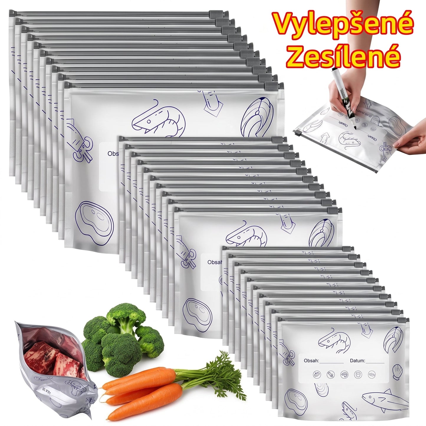PKNEW® 🥬 Chytré omyvatelné sáčky na potraviny ve 3 velikostech 🍇– pevný zip, snadné označení a přehledné skladování v lednici, mrazáku i spíži ♻️