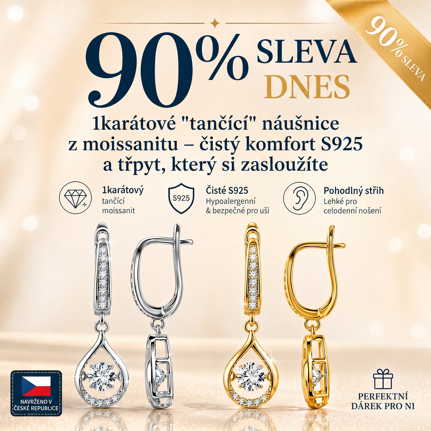 🔥🔥 DNES SLEVA 90 %💎: 1karátové „tančící“ náušnice z moissanitu – čistý komfort a třpyt stříbra S925, který si zasloužíte 💖