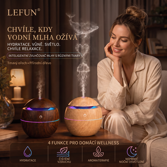 LEFUN® 🍇Chytrý zvlhčovač a aroma difuzér s tvarovanou mlhou 🌈 – Dřevěný design s medúzovými efekty a RGB osvětlením 💎