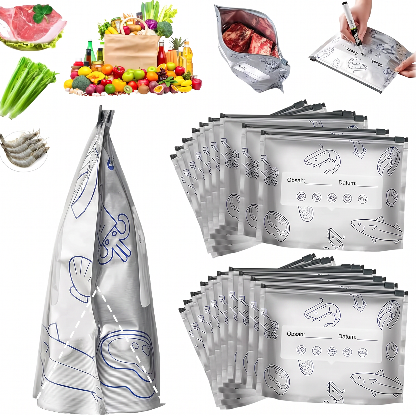 PKNEW® 🥬 Chytré omyvatelné sáčky na potraviny ve 3 velikostech 🍇– pevný zip, snadné označení a přehledné skladování v lednici, mrazáku i spíži ♻️