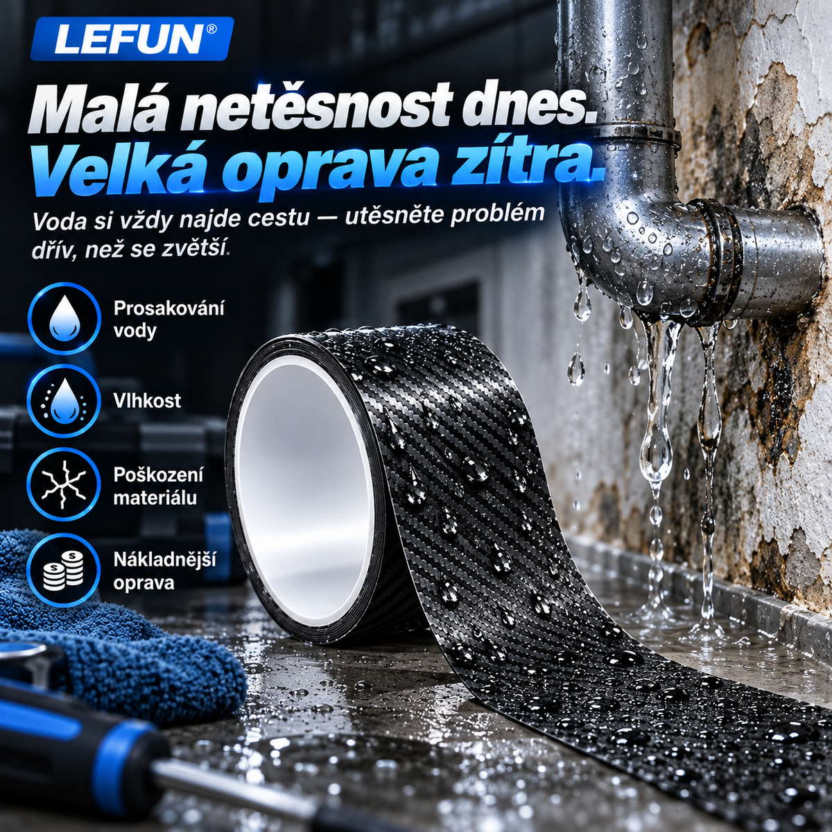 LEFUN® 💧 Extra silná vodotěsná páska🍇 – Karbonová ochranná vrstva + butylové těsnění proti zatékání a vlhkosti