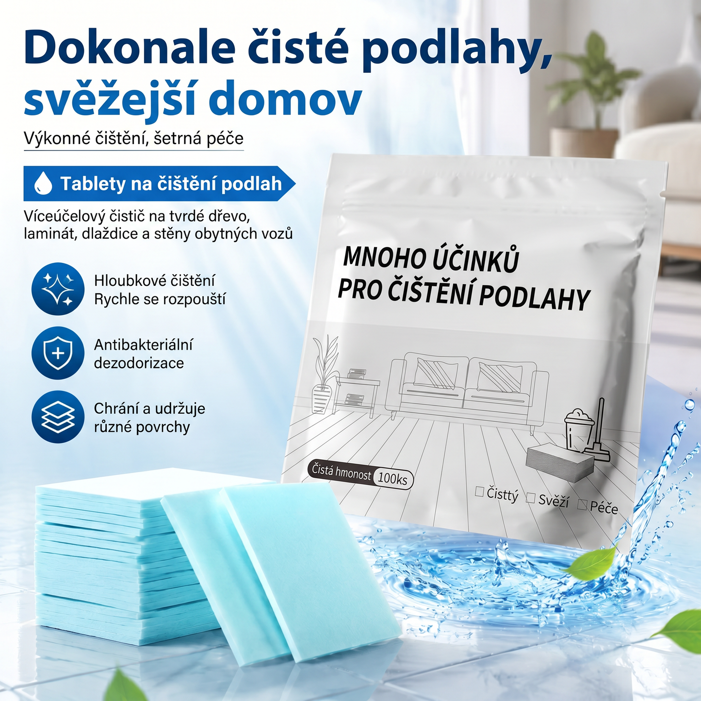 PKNEW® Čisticí tablety na podlahy – Univerzální čistič pro dřevěné, laminátové a dlaždicové povrchy i stěny obytných vozů, antibakteriální a deodorační péče👩‍❤️‍👨