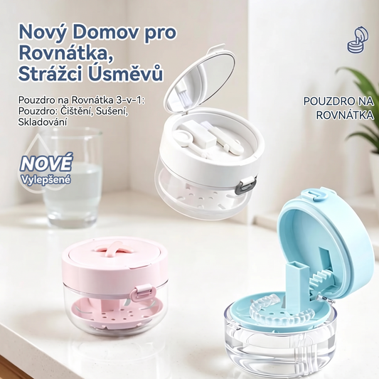 🦷💧Pouzdro na čištění ortodontických aparátů a rovnátek –👩‍⚕️úložná a namáčecí nádoba s odkapávací miskou, zrcátkem a kartáčkem