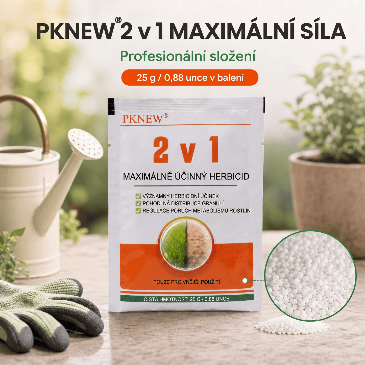 PKNEW® 🌿 Granulovaný přípravek proti plevelu 2 v 1 Max Power🍇 – viditelný účinek již za 6 hodin, snadné rozmíchání ve vodě a cílené použití na spáry, cesty, ploty i štěrkové plochy