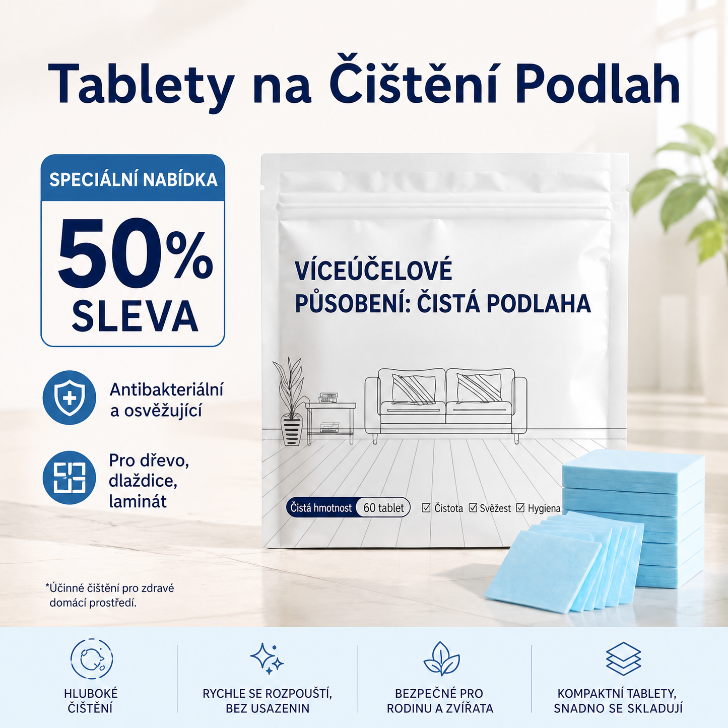 PKNEW® Tablety na mytí podlah – Univerzální čisticí prostředek pro dřevěné povrchy, laminát, dlaždice a stěny v karavanech, s antibakteriálním a osvěžujícím účinkem.💦