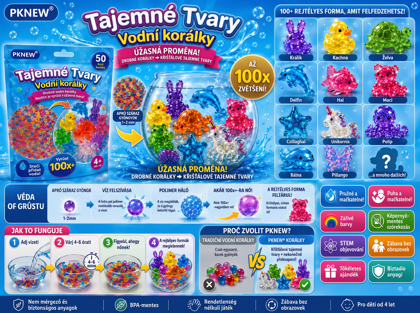 PKNEW®🫧 Kouzelné vodní korálky s překvapením🌈 – Barevné a průsvitné figurky, které rostou ve vodě, pro kreativní hraní, smyslové objevování a společné rodinné zážitky 💕