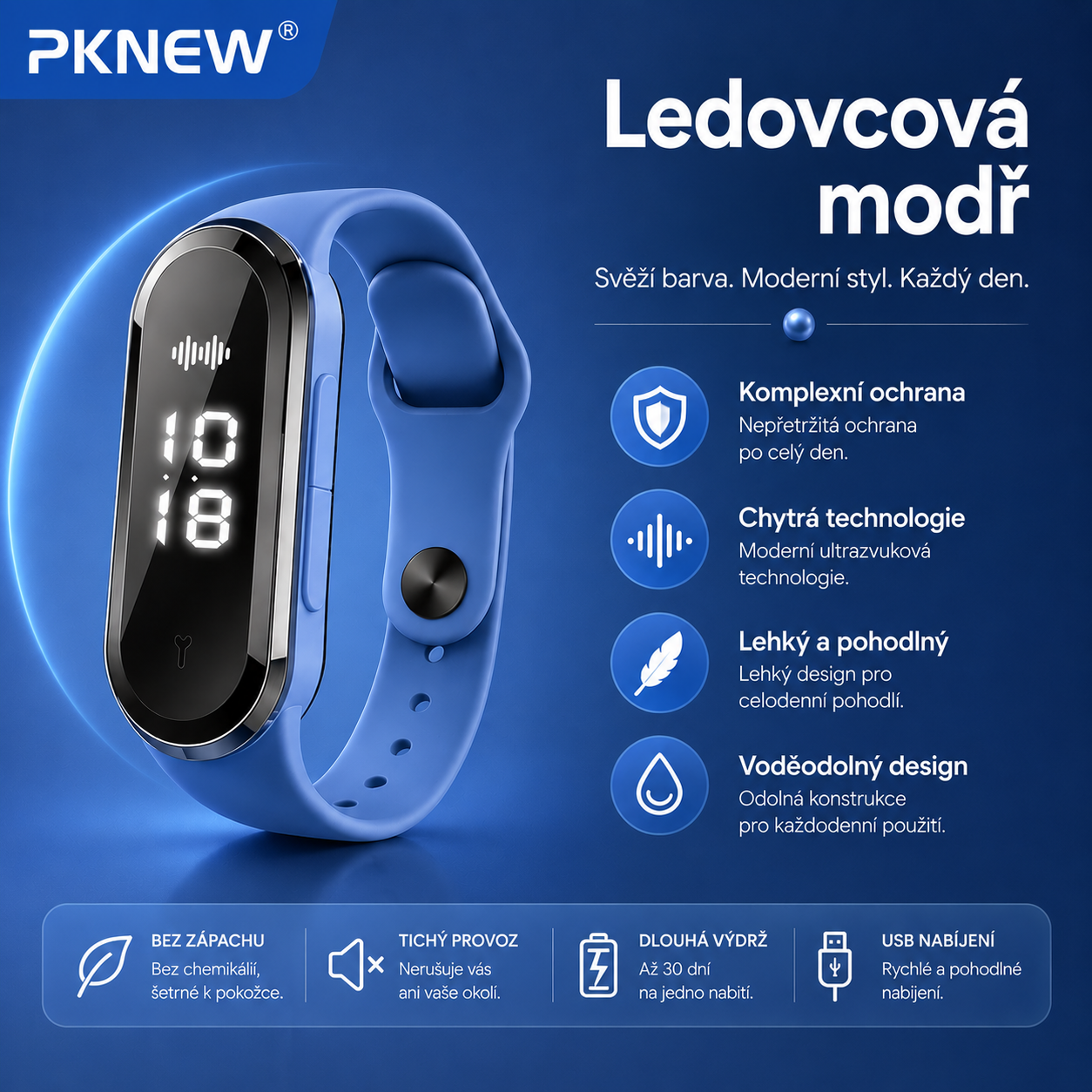 PKNEW® Chytrý ultrazvukový náramek proti komárům🍇 – 3 inteligentní režimy, digitální displej a výdrž až 7 dní na jedno nabití ⚡ Pro zahradu, cestování, kempování i pohodové letní večery 🌿