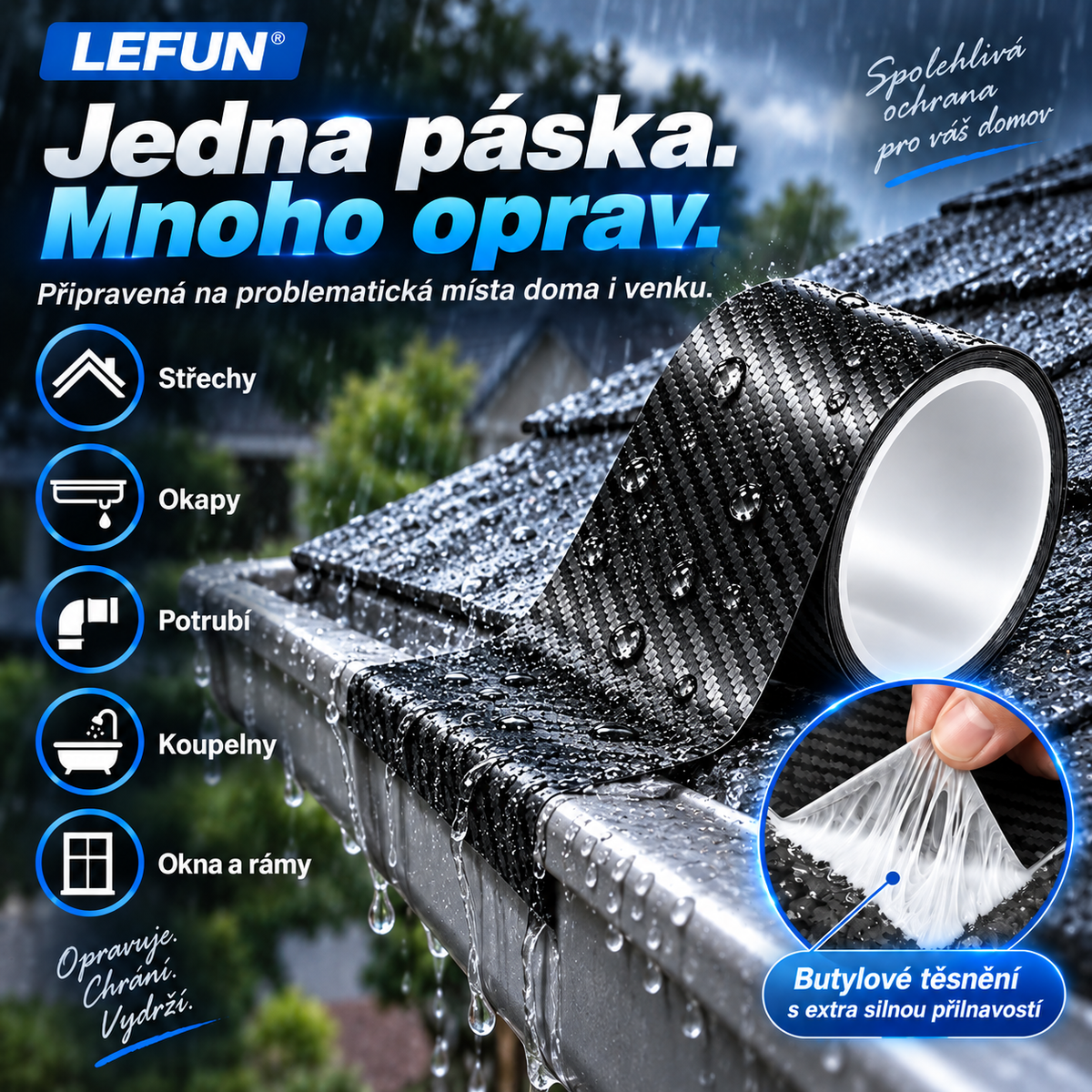 LEFUN® 💧 Extra silná vodotěsná páska🍇 – Karbonová ochranná vrstva + butylové těsnění proti zatékání a vlhkosti