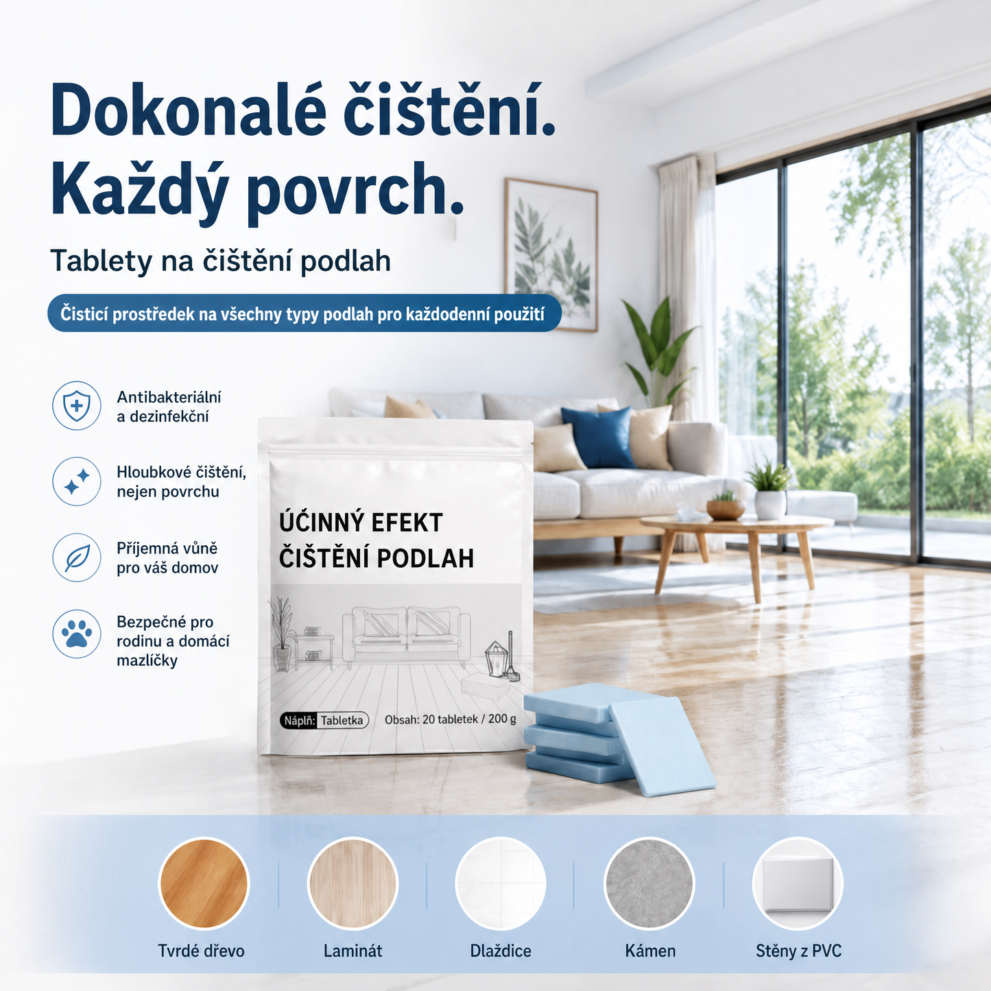 PKNEW® Tablety na mytí podlah – Univerzální čisticí prostředek pro dřevěné povrchy, laminát, dlaždice a stěny v karavanech, s antibakteriálním a osvěžujícím účinkem.💦