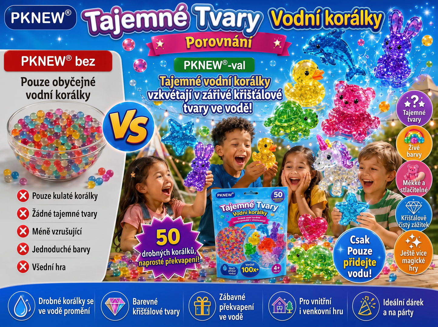 PKNEW®🫧 Kouzelné vodní korálky s překvapením🌈 – Barevné a průsvitné figurky, které rostou ve vodě, pro kreativní hraní, smyslové objevování a společné rodinné zážitky 💕