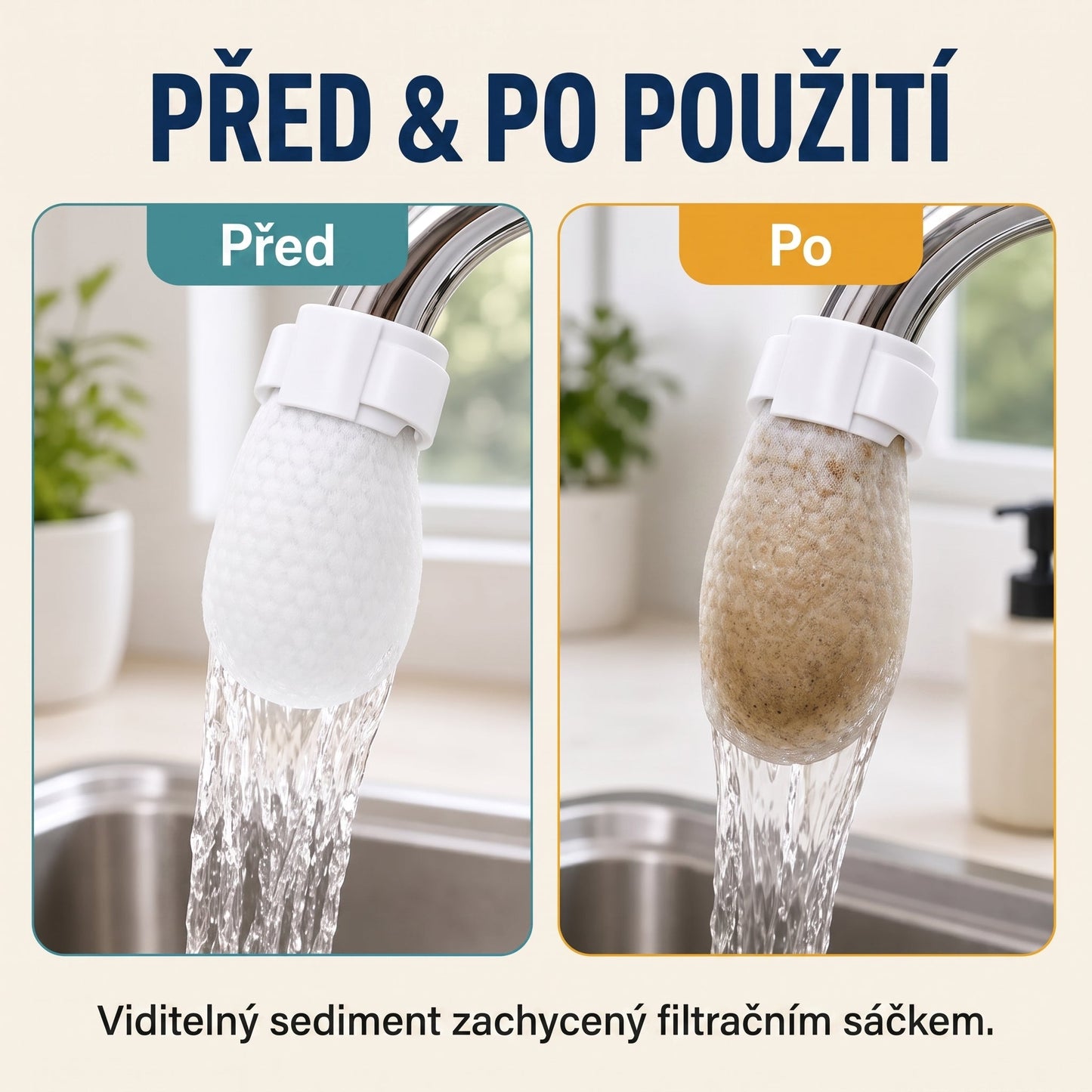 PKNEW® Filtrační sáčky na vodovodní baterii – 50ks jednorázové bavlněné filtry na pitnou vodu pro čistší vodu, omezení stříkající vody a ochranu před usazeninami 🚰