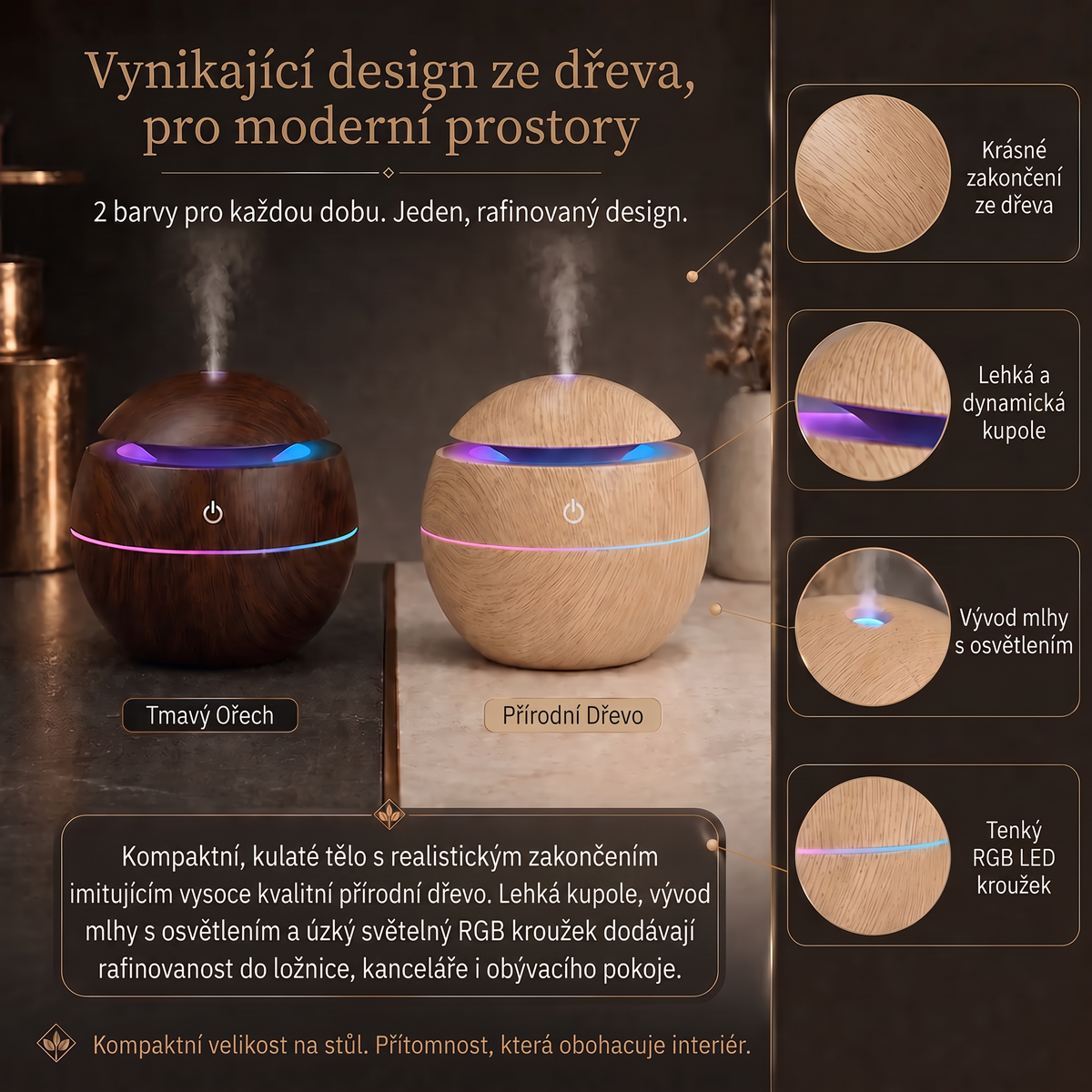 LEFUN® Chytrý zvlhčovač a aroma difuzér s tvarovanou mlhou 🌈 – Dřevěný design s medúzovými efekty a RGB osvětlením 💎