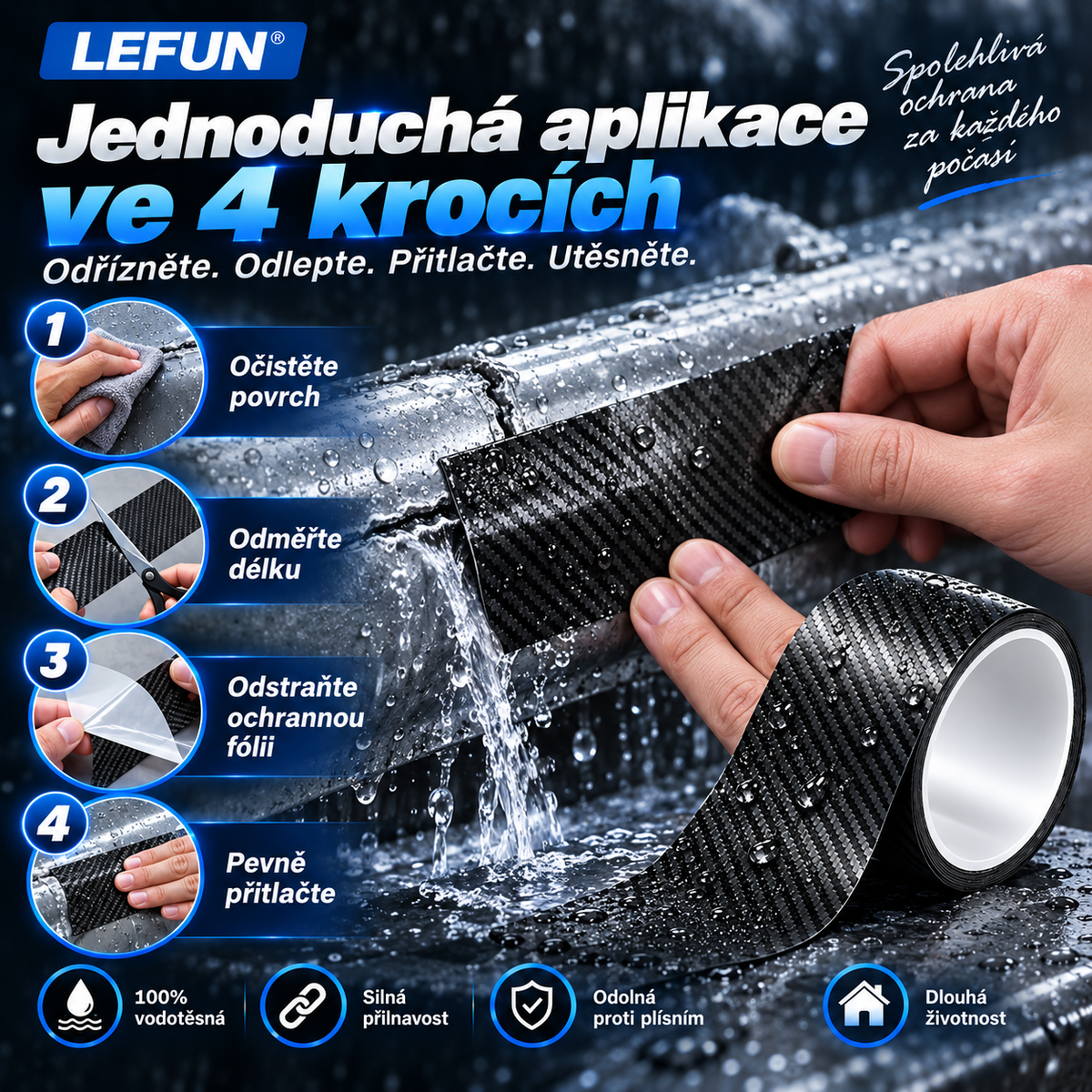 LEFUN® 💧 Extra silná vodotěsná páska🍇 – Karbonová ochranná vrstva + butylové těsnění proti zatékání a vlhkosti