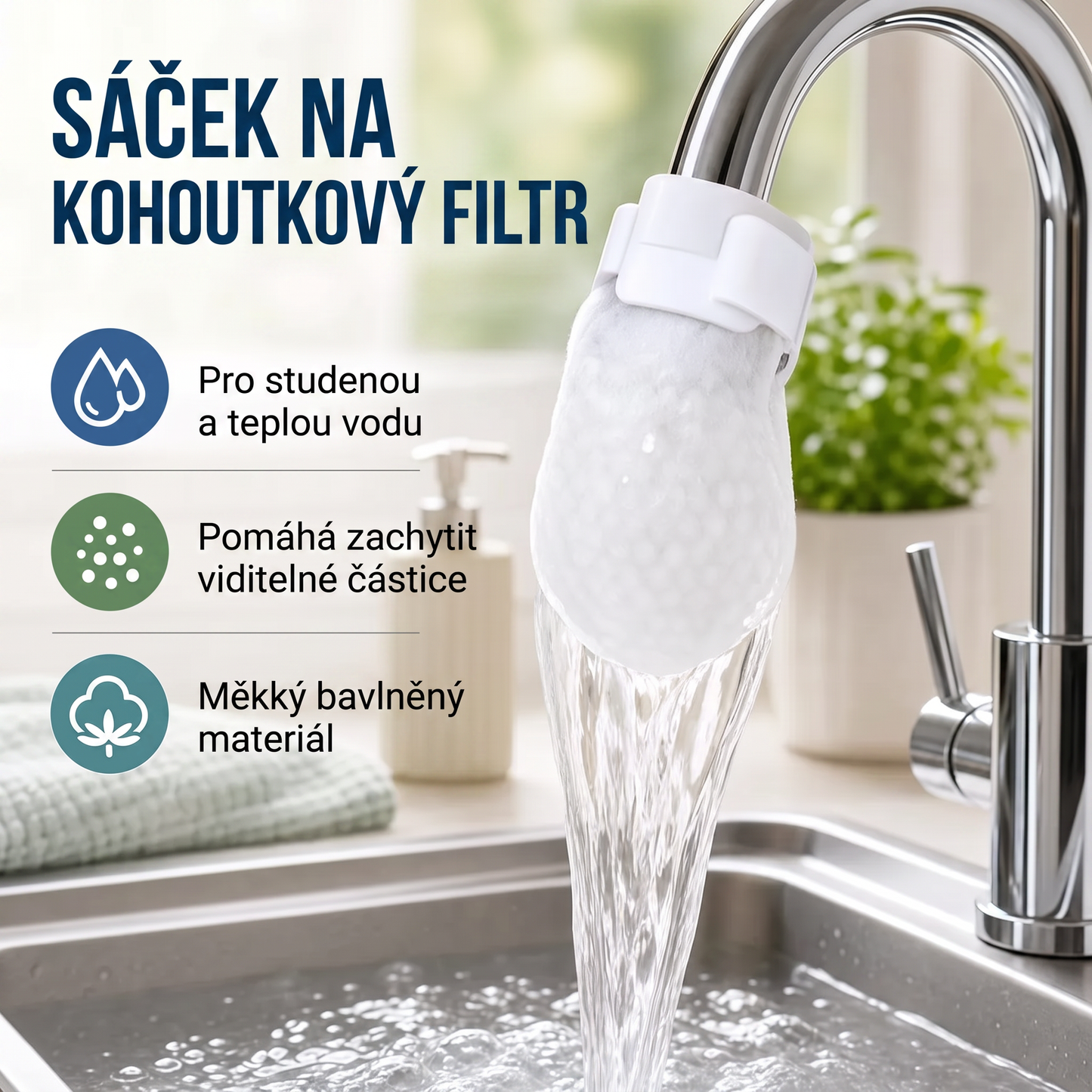 PKNEW® Filtrační sáčky na vodovodní baterii – 50ks jednorázové bavlněné filtry na pitnou vodu pro čistší vodu, omezení stříkající vody a ochranu před usazeninami 🚰