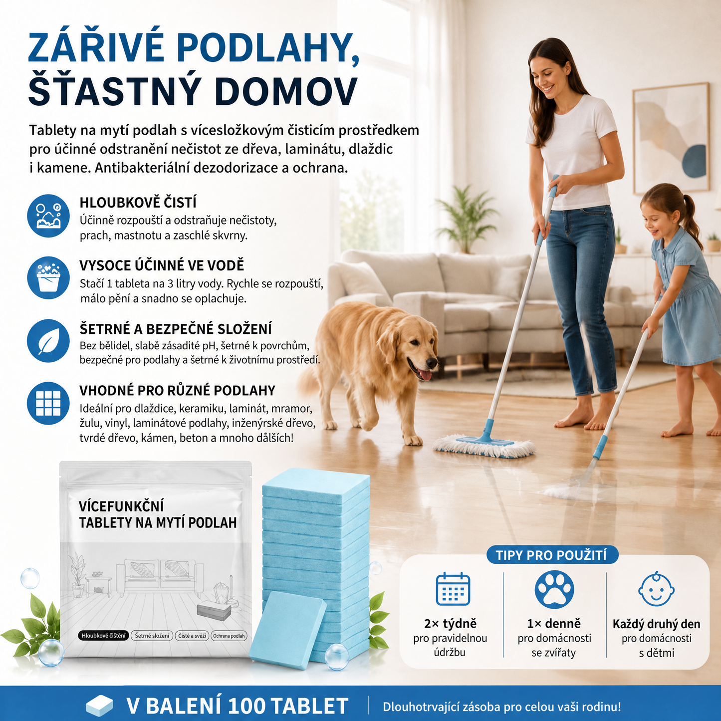 PKNEW® Tablety na mytí podlah – Univerzální čisticí prostředek pro dřevěné povrchy, laminát, dlaždice a stěny v karavanech, s antibakteriálním a osvěžujícím účinkem.💦