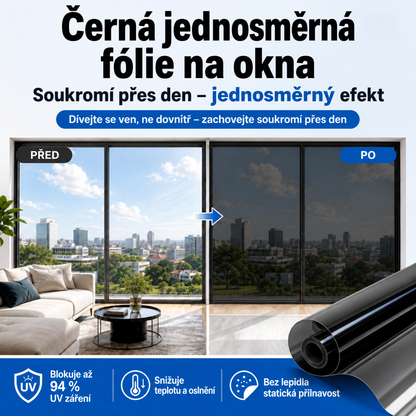 Černá zrcadlová fólie na okna s efektem jednostranného průhledu🍈 – tepelná izolace, 94% ochrana proti UV záření, zajištění soukromí během dne pro domácnosti i kanceláře