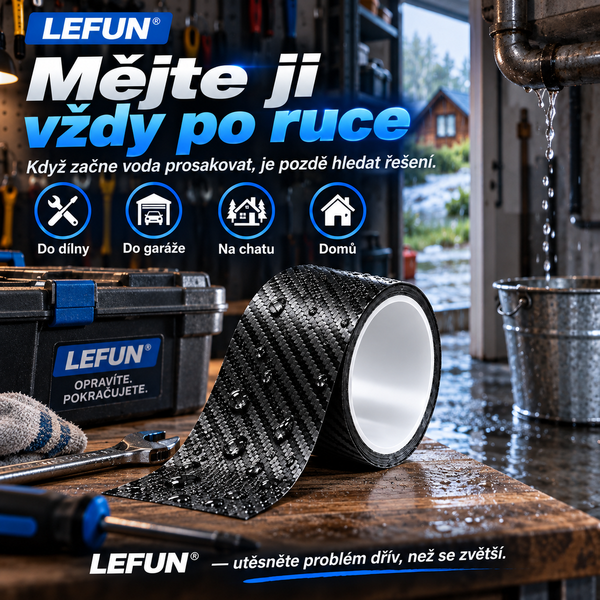 LEFUN® 💧 Extra silná vodotěsná páska🍇 – Karbonová ochranná vrstva + butylové těsnění proti zatékání a vlhkosti